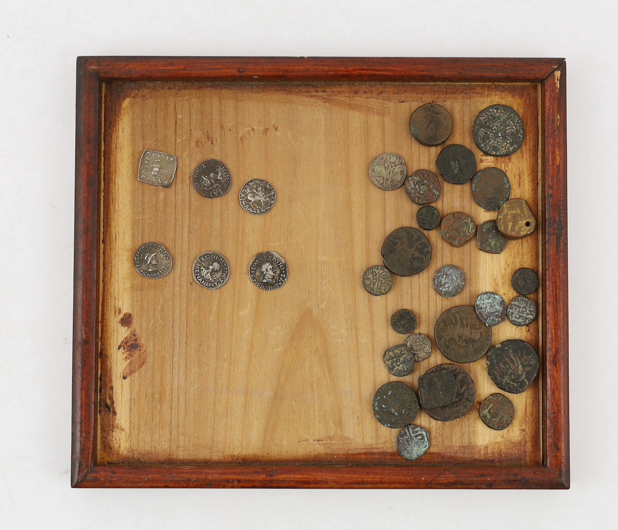 Bactrian and Indo-Greek Kingdom coins, Apollodotos I (180-160 BC) square drachm, 2.4g, Menander (155-130BC), four drachm, 2.3 and 2.46g, Antimachus II drachm (174-165BC) (6) together with various Indian copper coins, inc